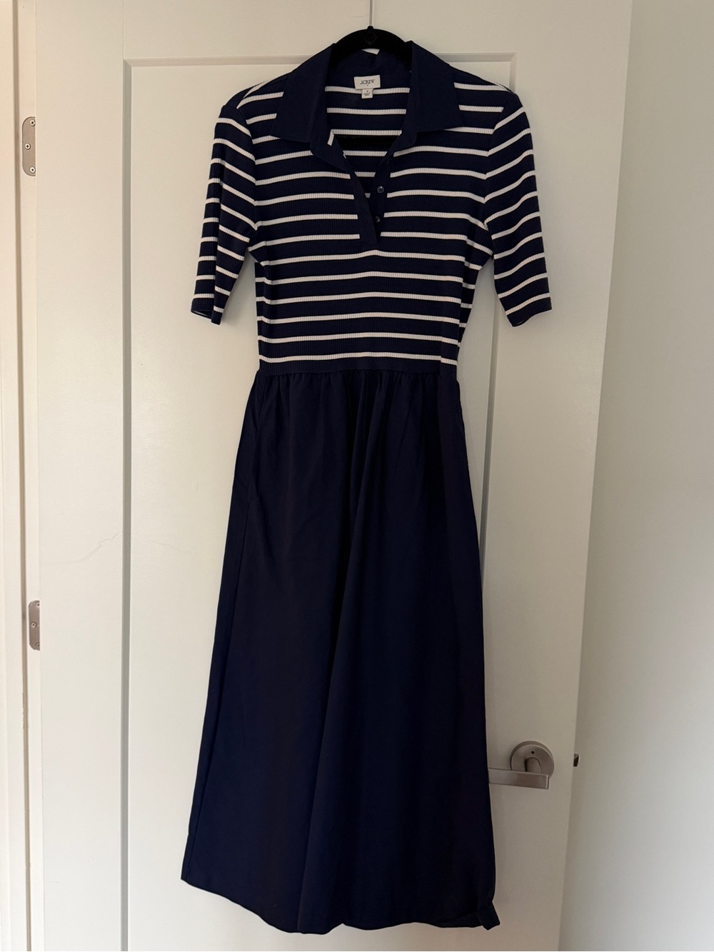 J. Crew Navy and White Striped Polo Midi Dress with Solid Skirt